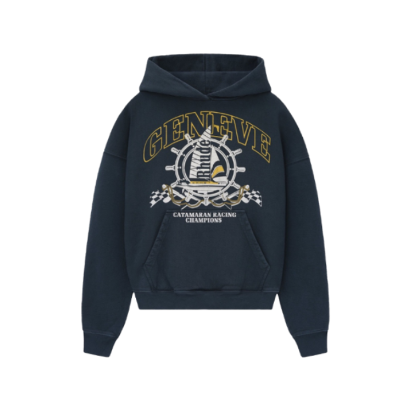 Navy blue hoodie with 'Geneve' and 'Caymanaran Racing Champions' text and graphics on a white background